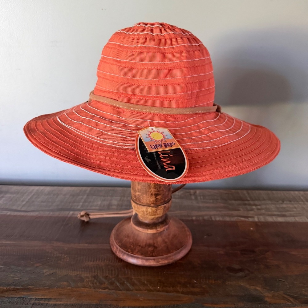 Kallina Sun Hat Orange UPF 50+ Wide Brim Adjustable Strap Womens Resort Beach OS - Picture 3 of 11